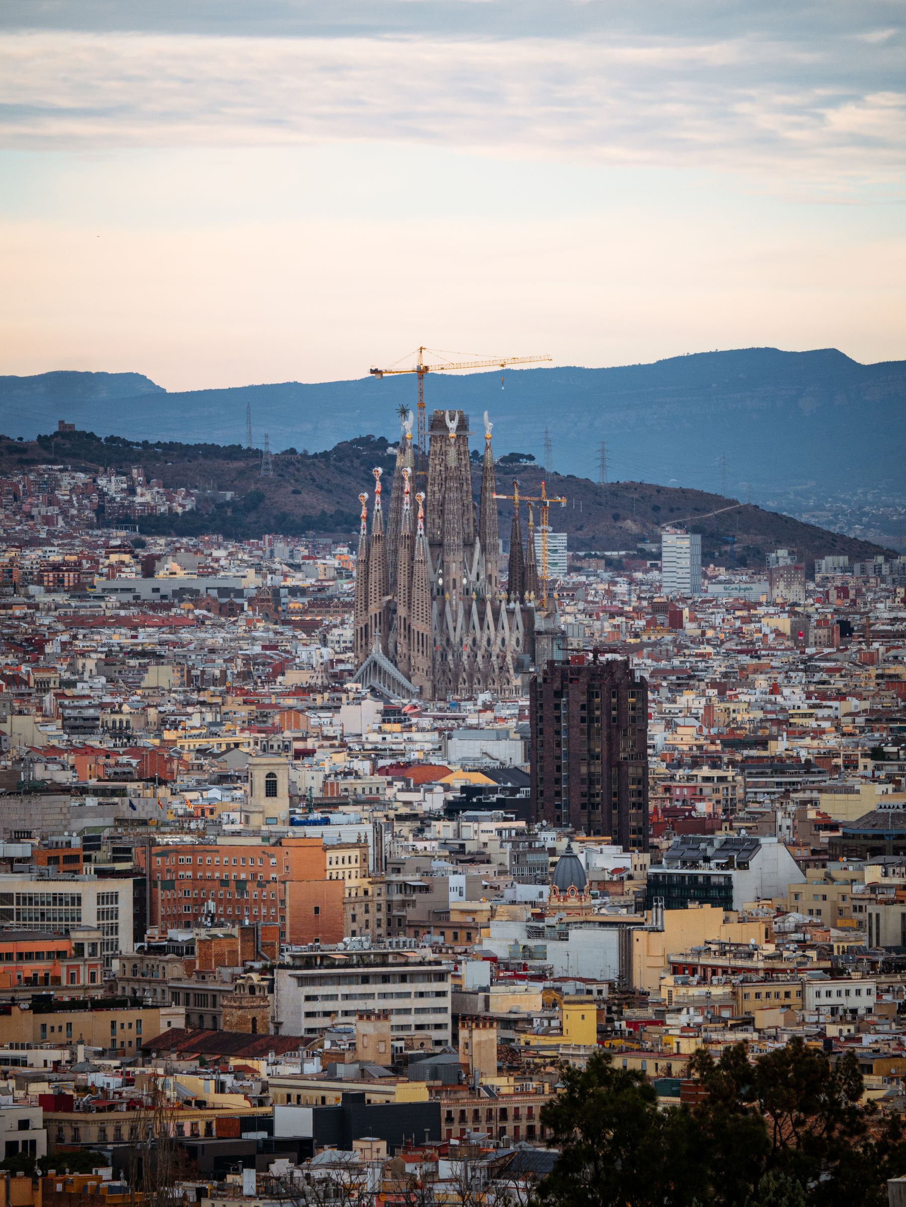 Barcelona cityscape with Sagrada Família at sunset