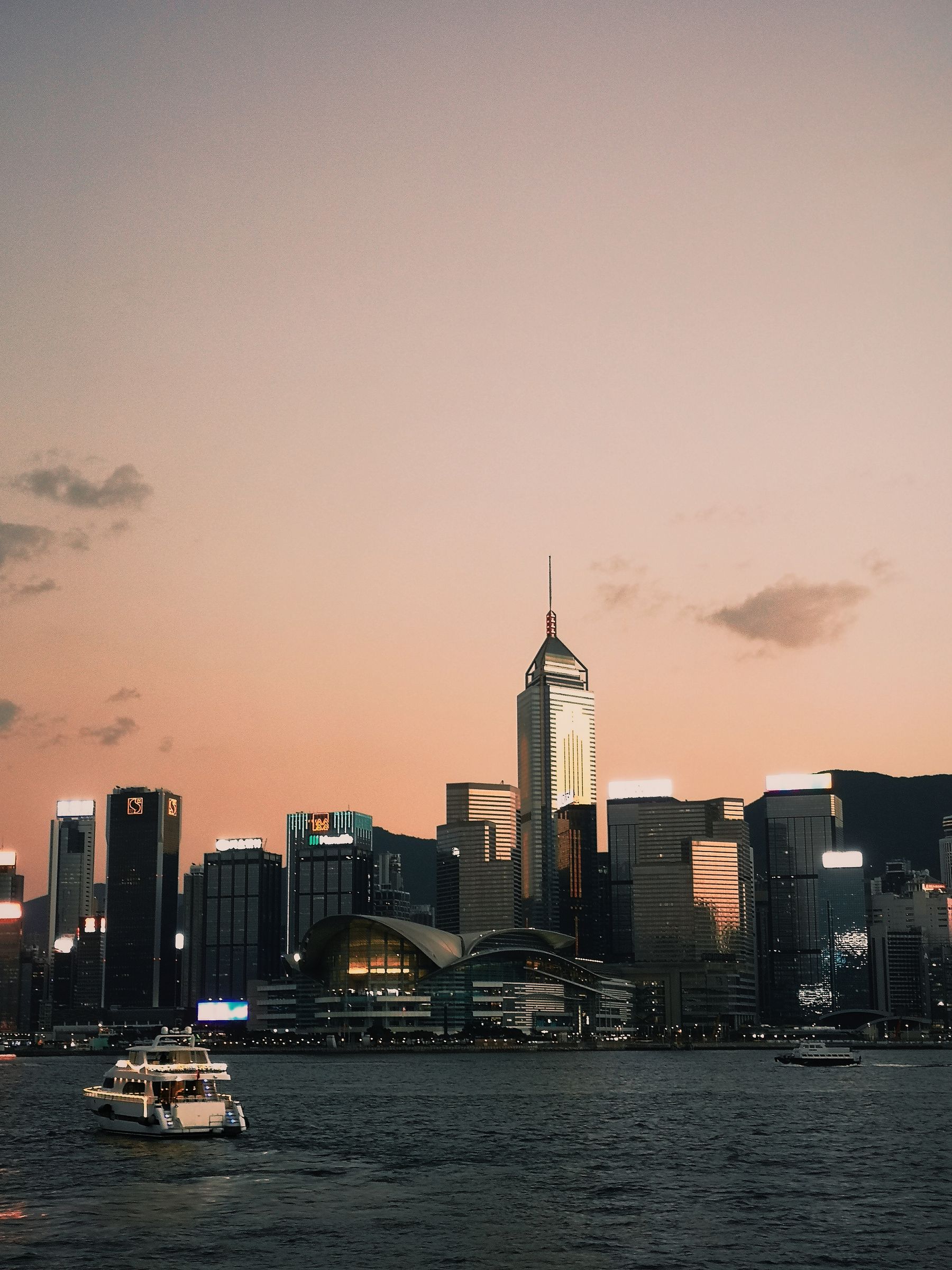 Victoria Harbour skyline at sunset