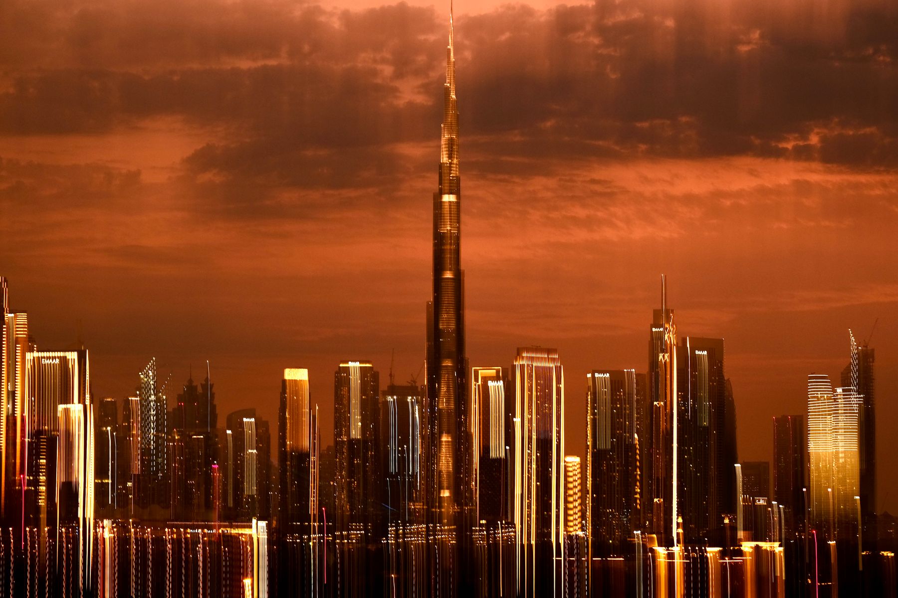 Dubai skyline at sunset with Burj Khalifa